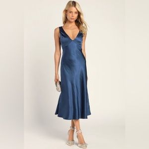 Incredible Love Navy Satin Cowl Back Midi Slip Dress